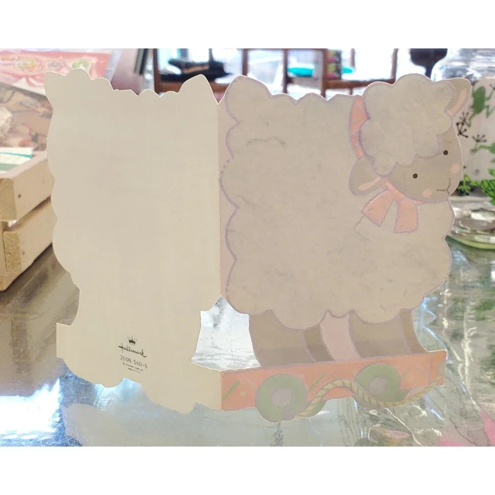 Vtg Birth Announcements Set Of 5 Lamb Pull Toy Baby Girl Hallmark Cards Unused